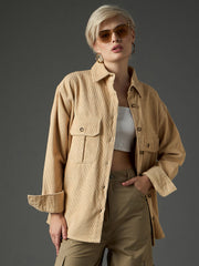 Women Light Beige Corduroy Oversized Shirt-SFSHRT20713
