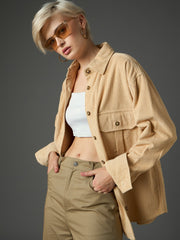 Women Light Beige Corduroy Oversized Shirt-SFSHRT20713