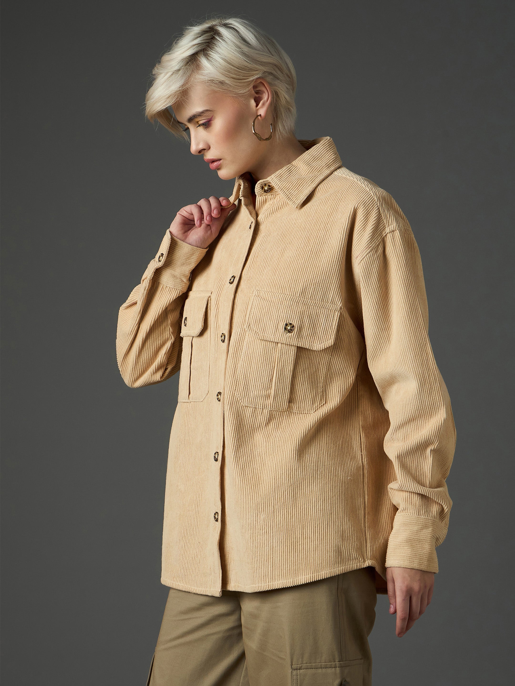 Women Light Beige Corduroy Oversized Shirt-SFSHRT20713