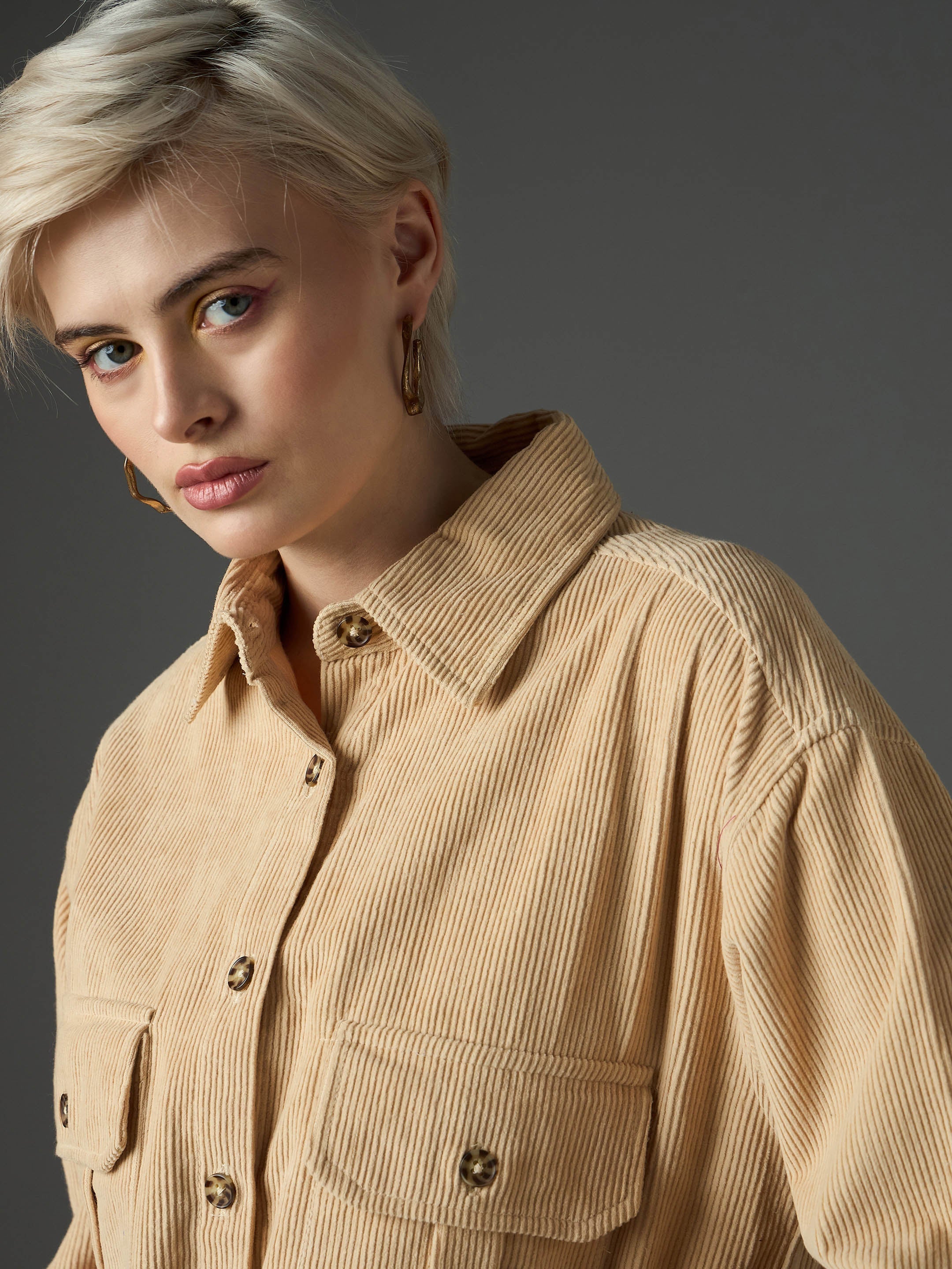 Women Light Beige Corduroy Oversized Shirt-SFSHRT20713