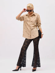 Women Beige Pearl Studded Regular Shirt-SFSHRT20714