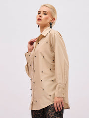 Women Beige Pearl Studded Regular Shirt-SFSHRT20714