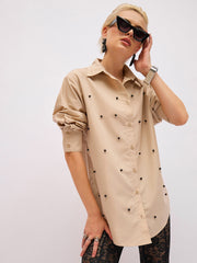 Women Beige Pearl Studded Regular Shirt-SFSHRT20714