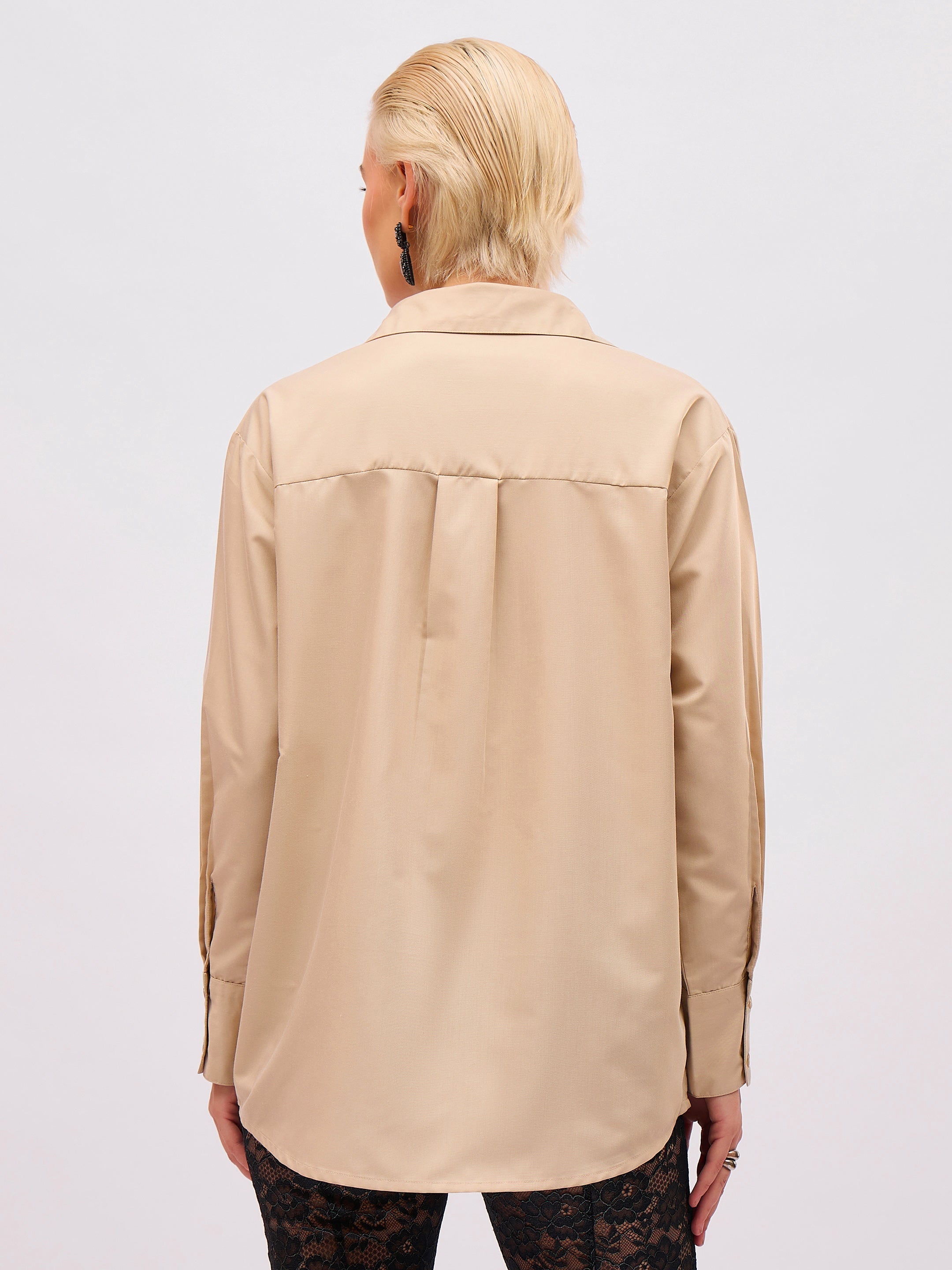 Women Beige Pearl Studded Regular Shirt-SFSHRT20714