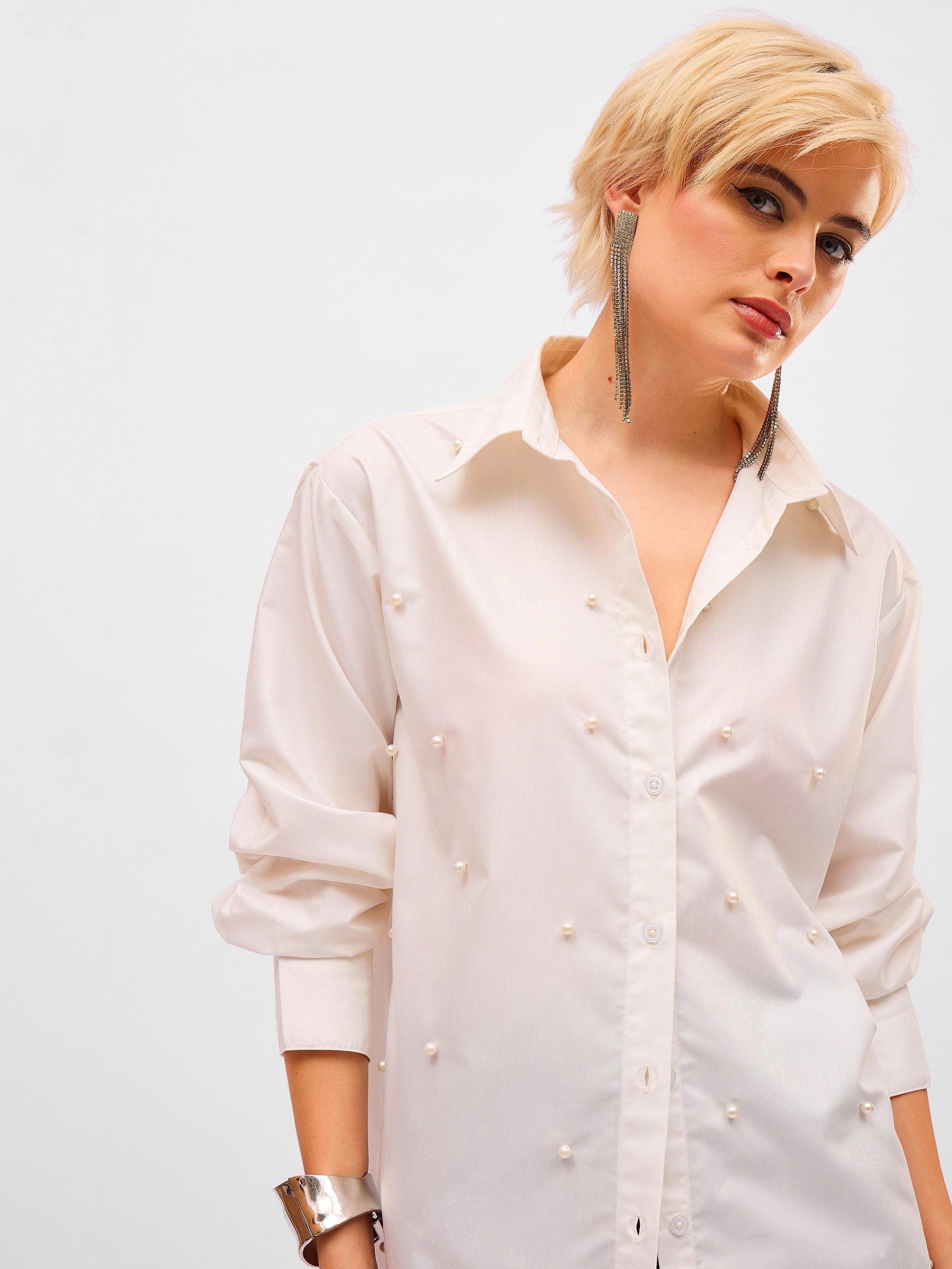 Women White Pearl Studded Regular Shirt-SFSHRT20715