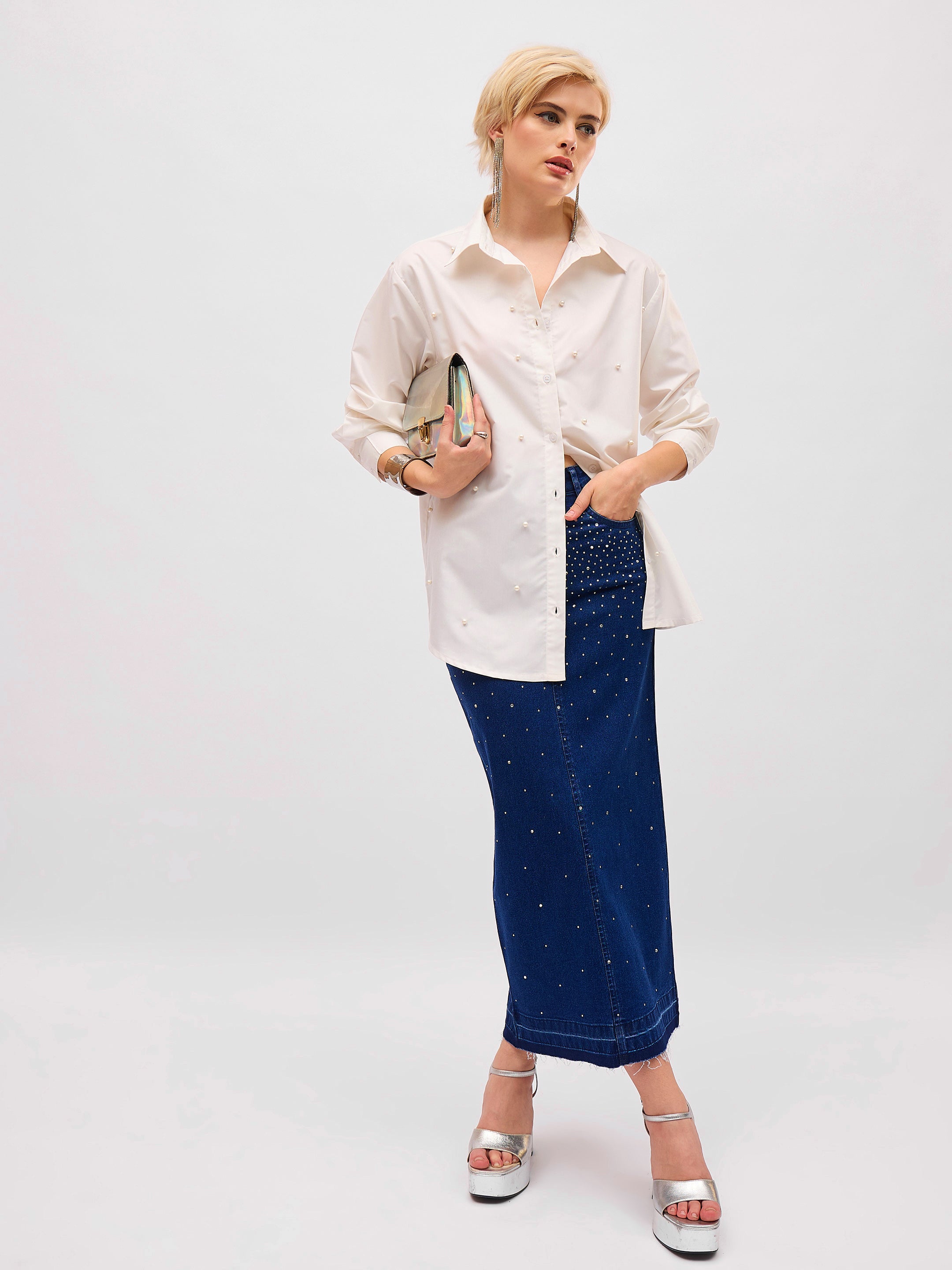 Women White Pearl Studded Regular Shirt-SFSHRT20715