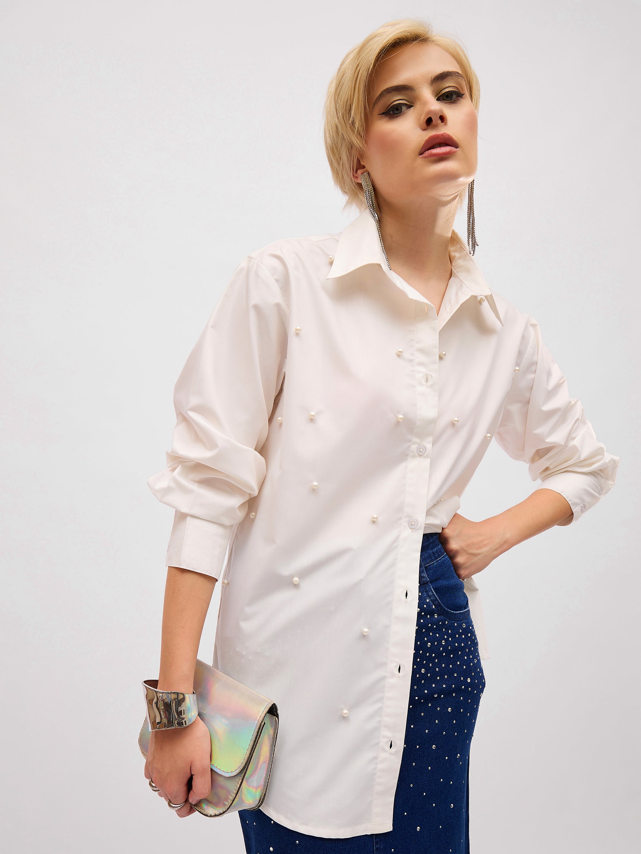 Women White Pearl Studded Regular Shirt-SFSHRT20715