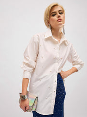 Women White Pearl Studded Regular Shirt-SFSHRT20715