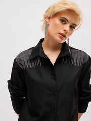 Women Black Shoulder Embellished Slim Fit Shirt-SFSHRT20716