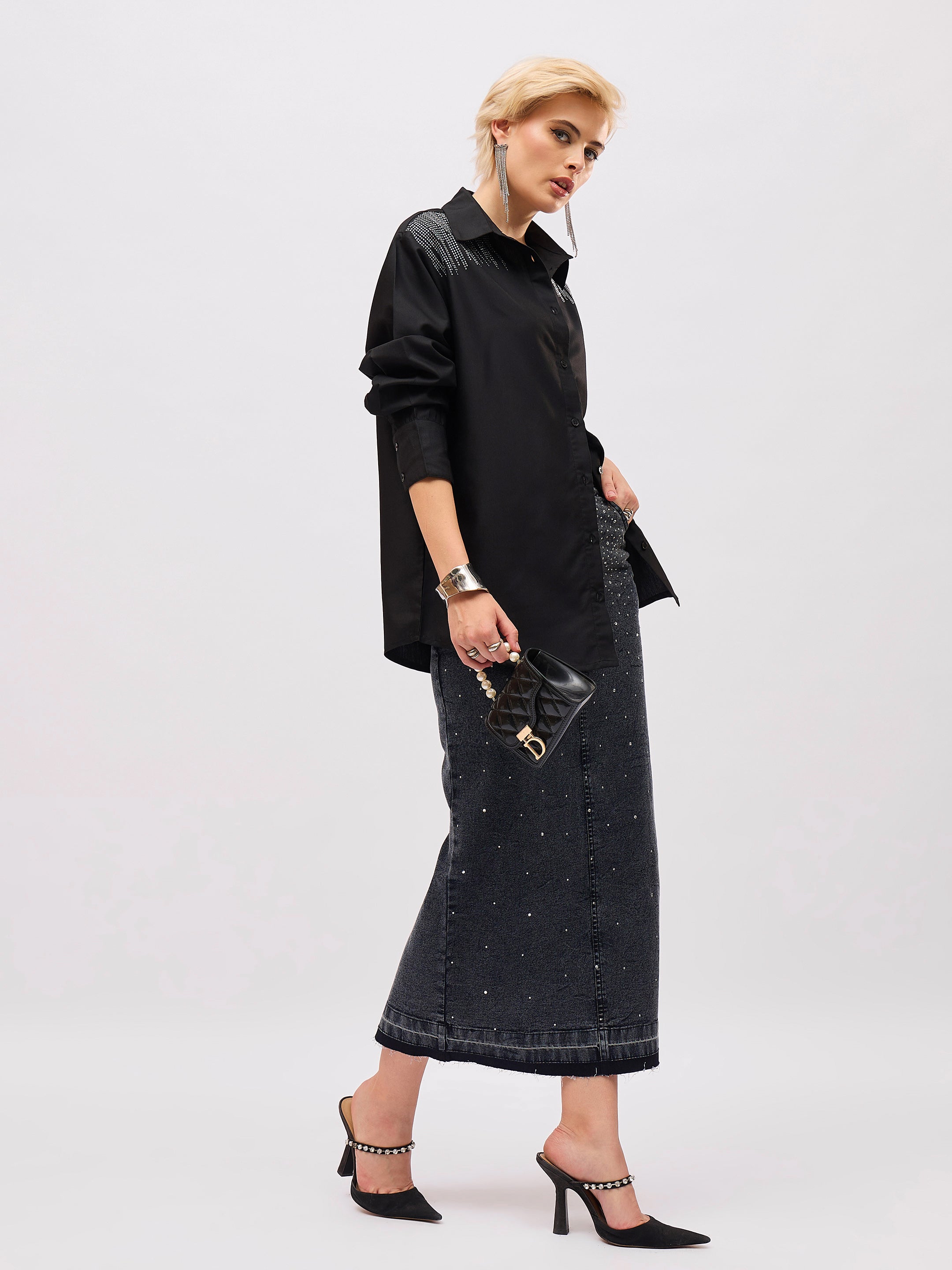 Women Black Shoulder Embellished Slim Fit Shirt-SFSHRT20716