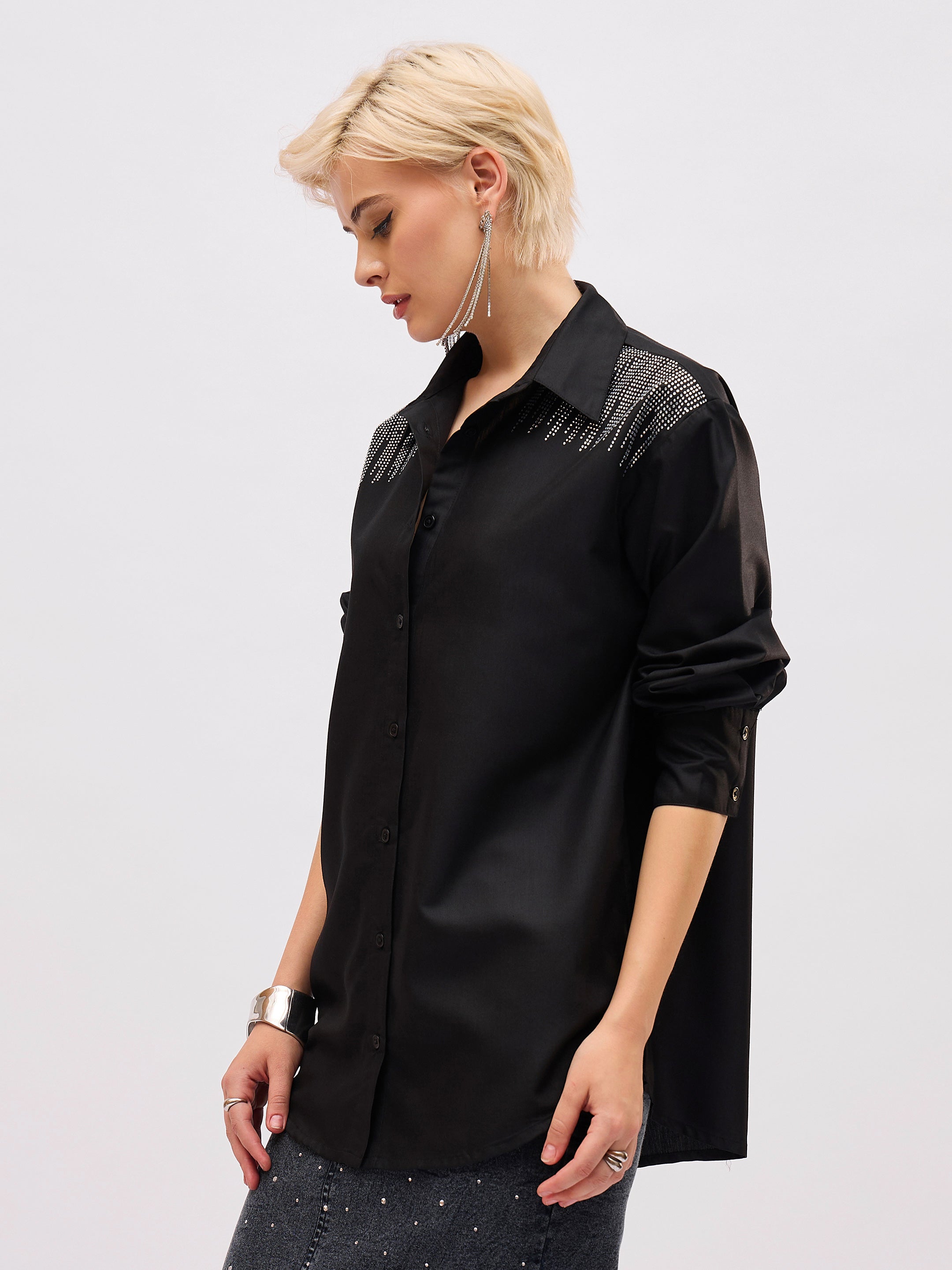 Women Black Shoulder Embellished Slim Fit Shirt-SFSHRT20716