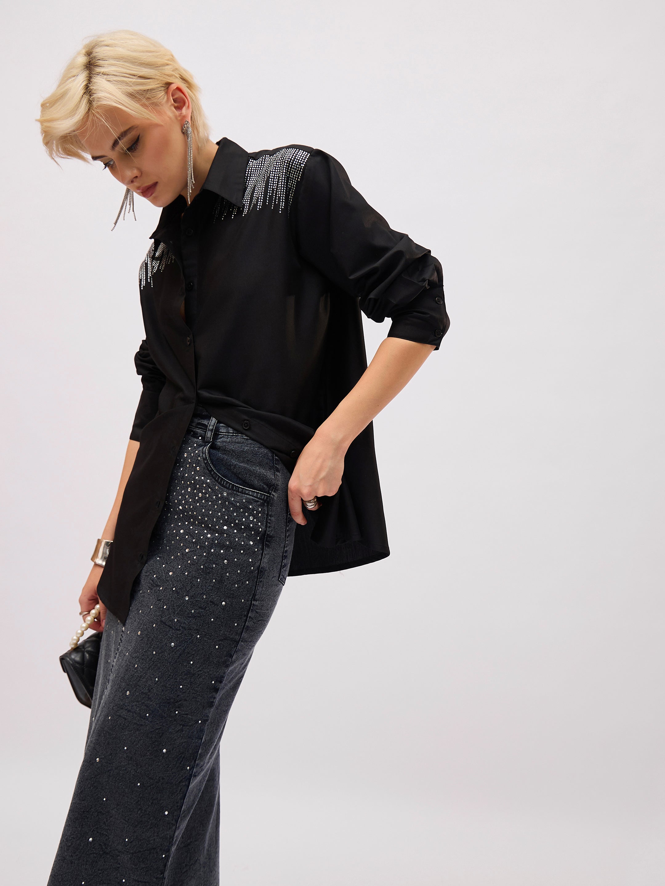 Women Black Shoulder Embellished Slim Fit Shirt-SFSHRT20716