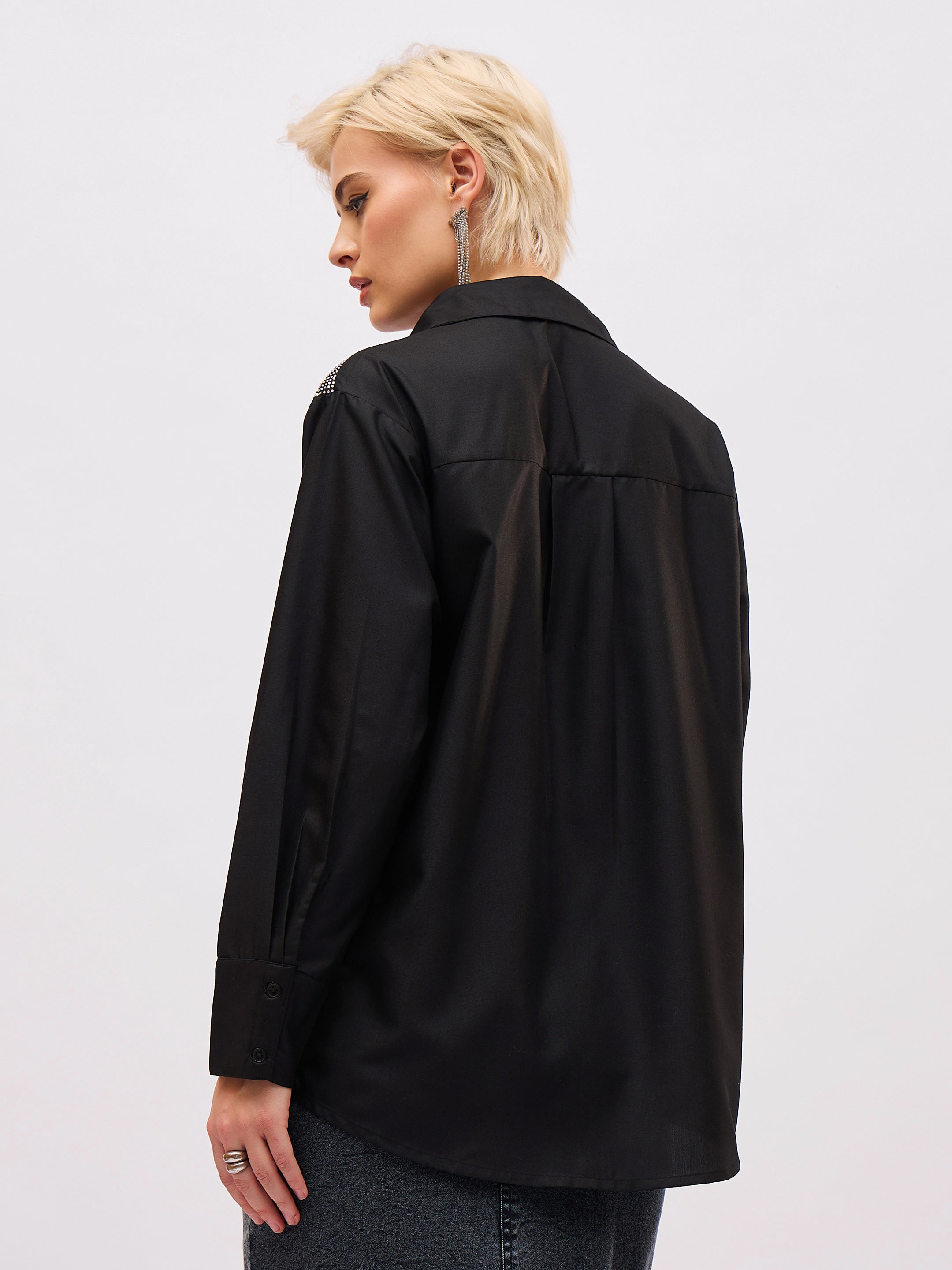 Women Black Shoulder Embellished Slim Fit Shirt-SFSHRT20716