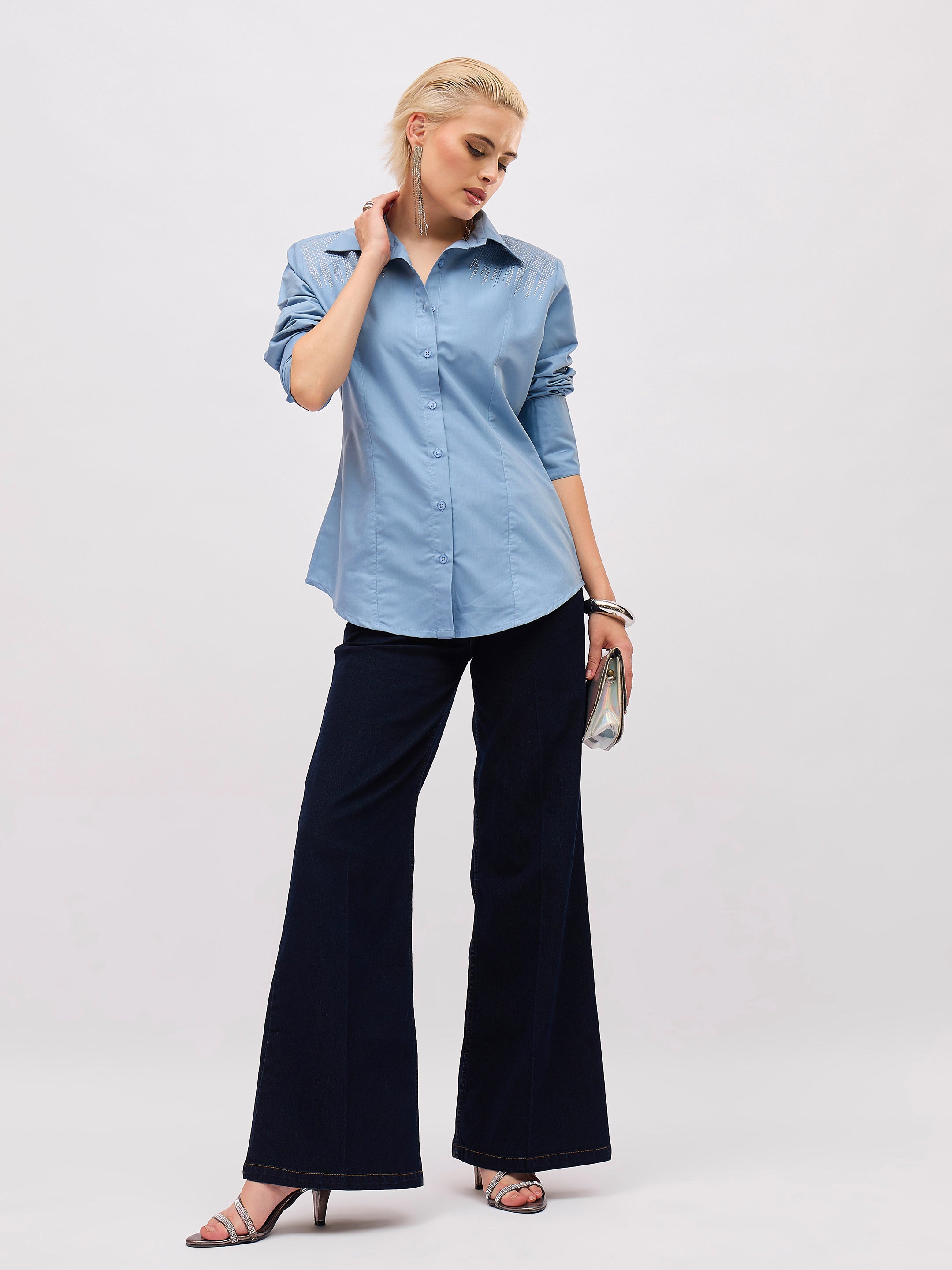 Women Dull Blue Shoulder Embellished Slim Fit Shirt-SFSHRT20717