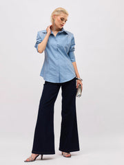 Women Dull Blue Shoulder Embellished Slim Fit Shirt-SFSHRT20717