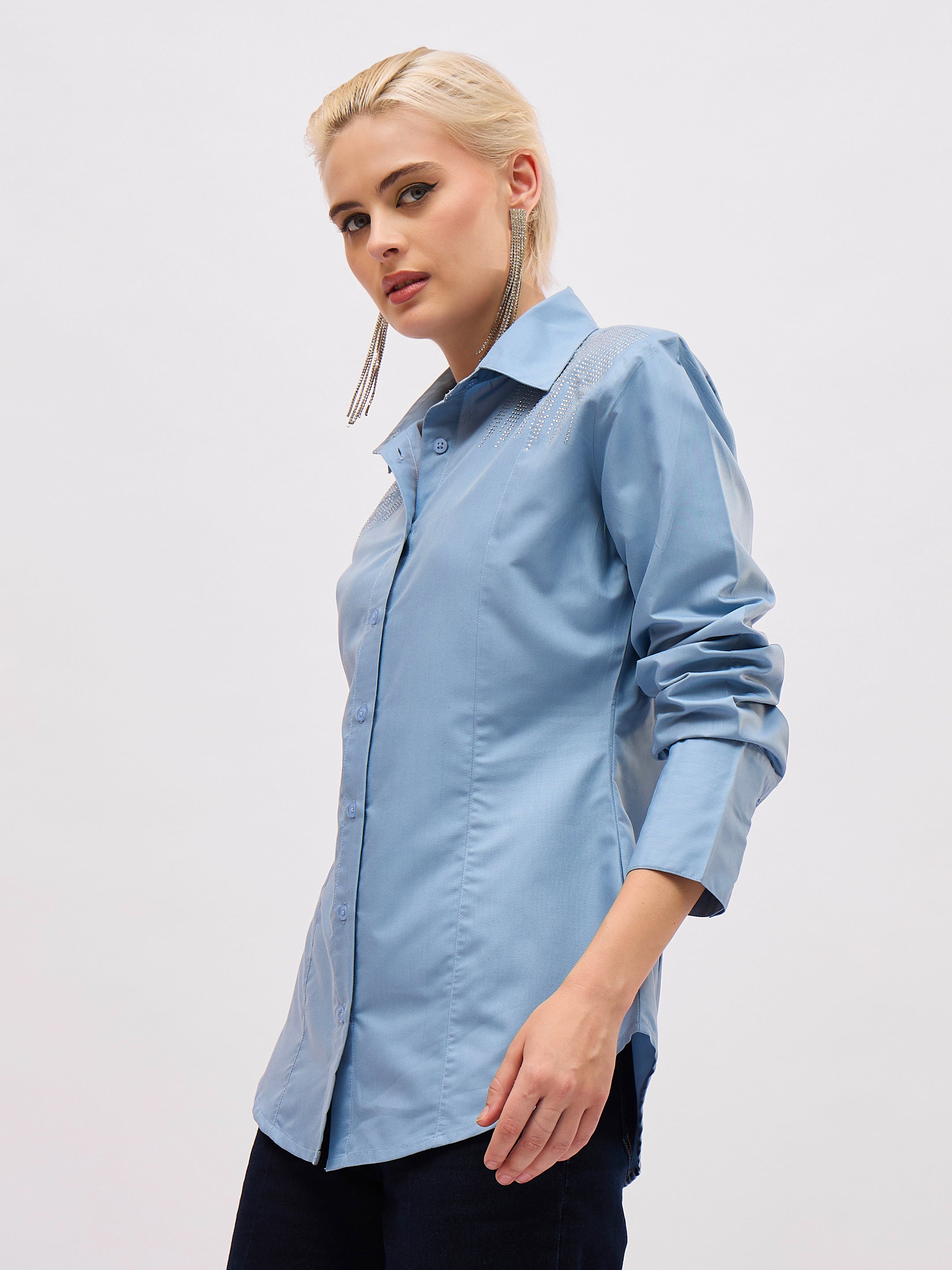 Women Dull Blue Shoulder Embellished Slim Fit Shirt-SFSHRT20717