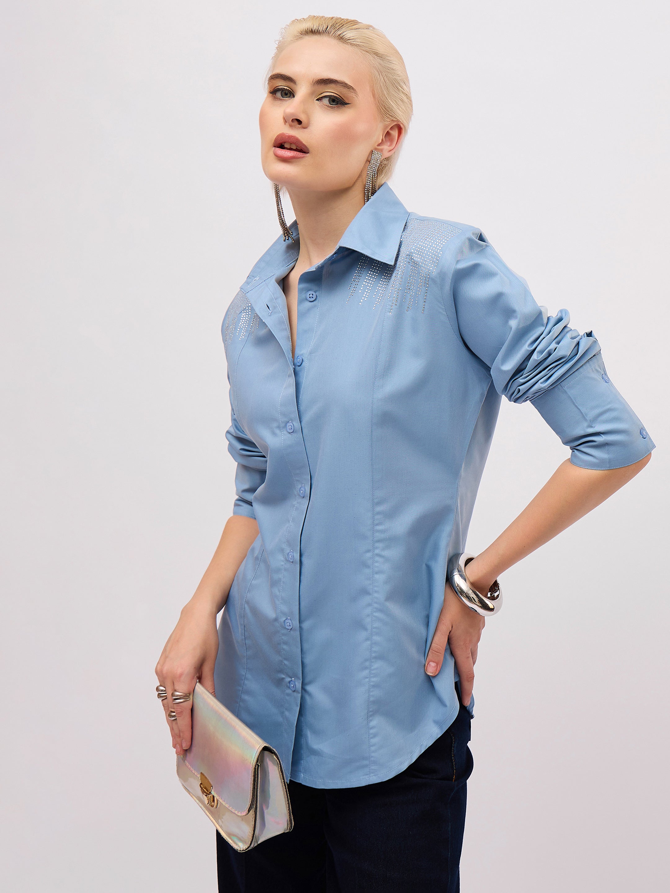 Women Dull Blue Shoulder Embellished Slim Fit Shirt-SFSHRT20717