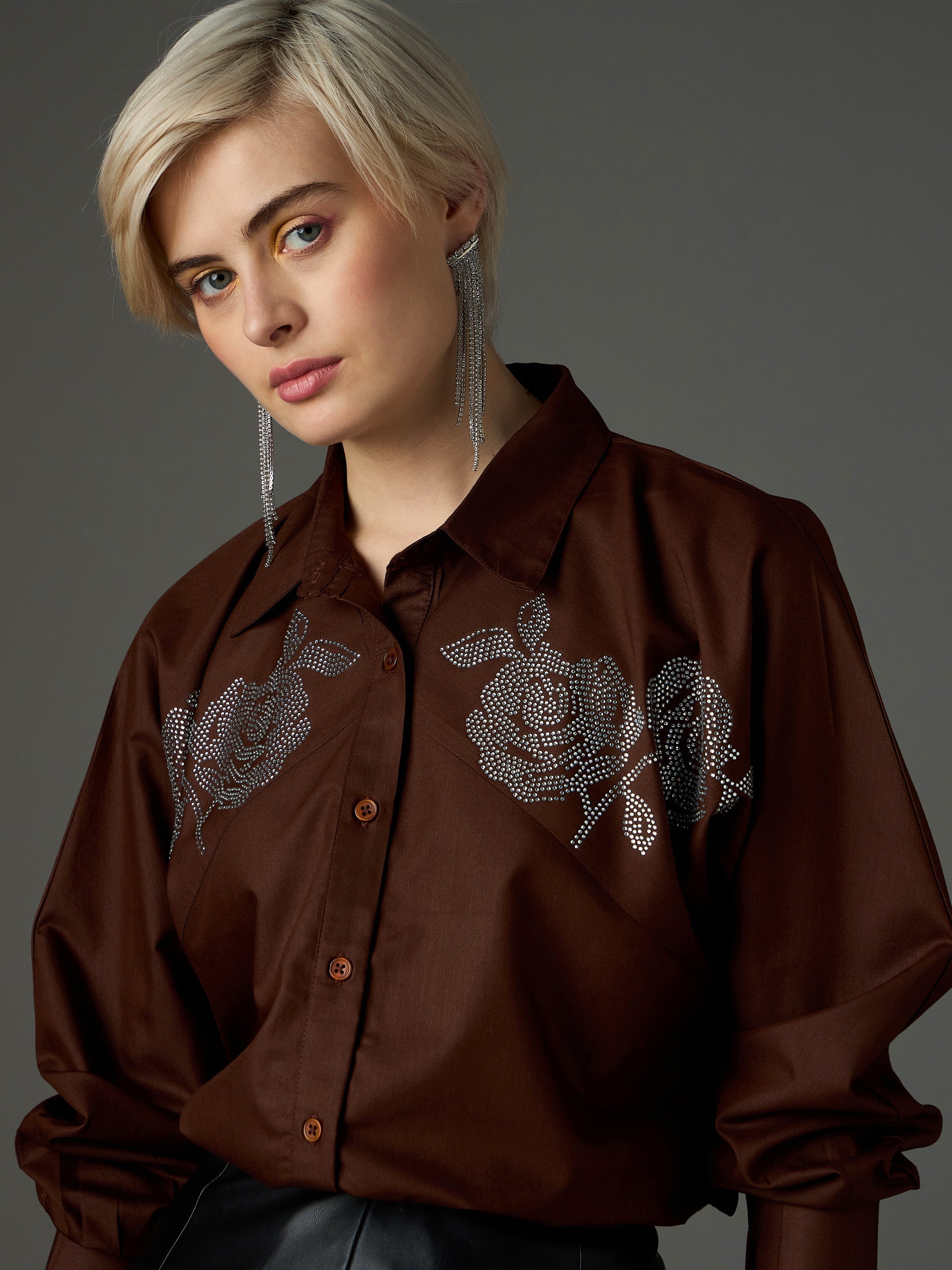 Women Coffee Brown Shoulder Patch Regular Shirt-SFSHRT20718