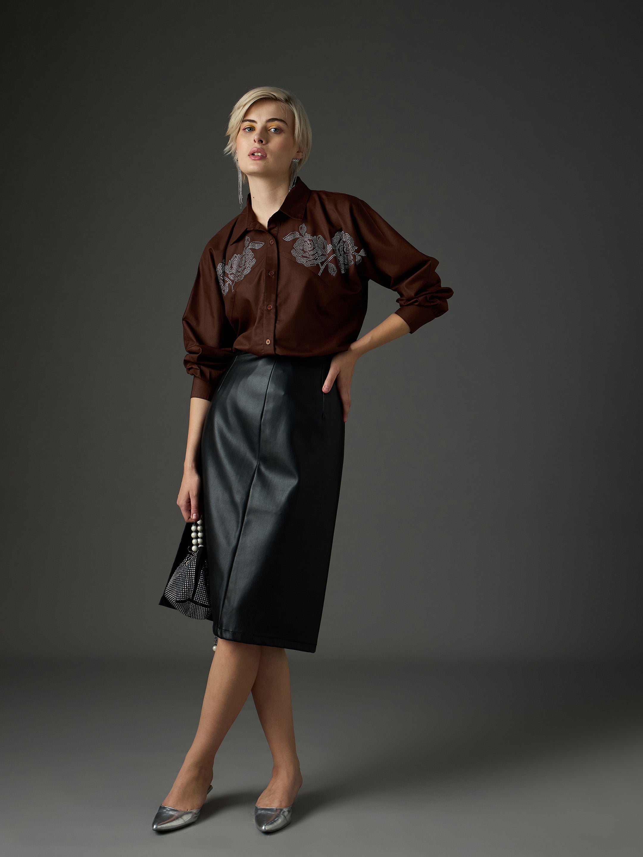 Women Coffee Brown Shoulder Patch Regular Shirt-SFSHRT20718