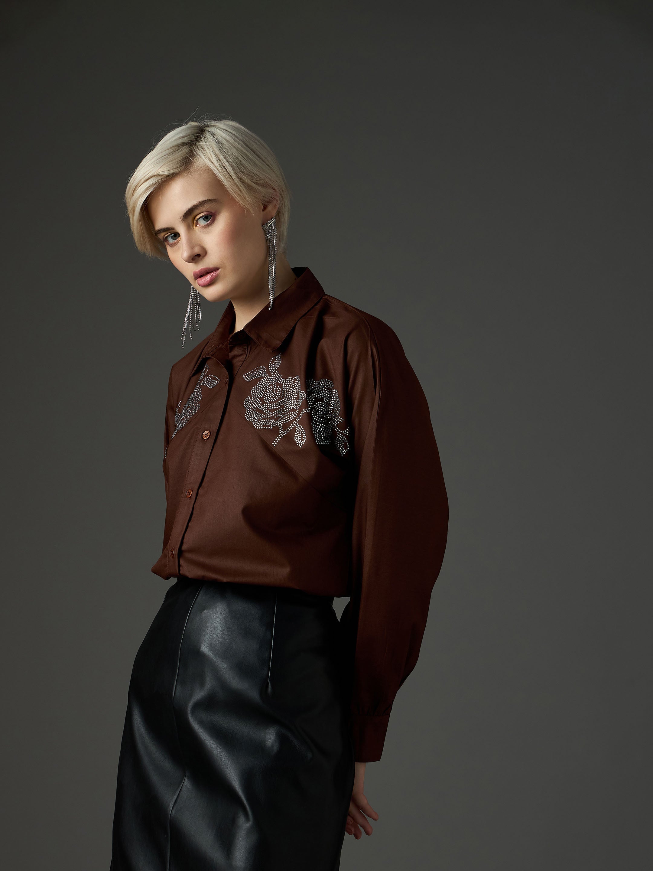 Women Coffee Brown Shoulder Patch Regular Shirt-SFSHRT20718