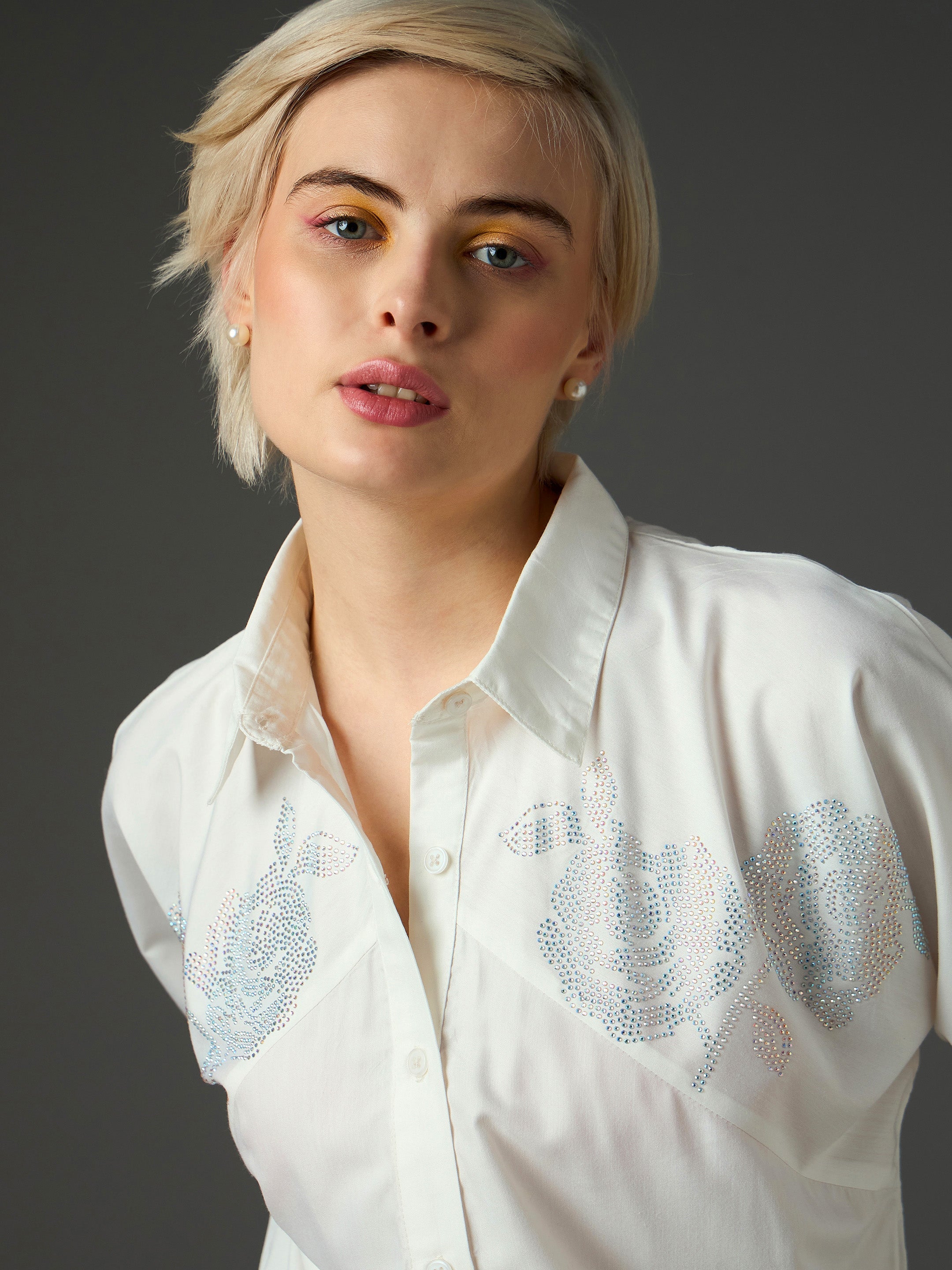 Women White Shoulder Patch Regular Shirt-SFSHRT20719