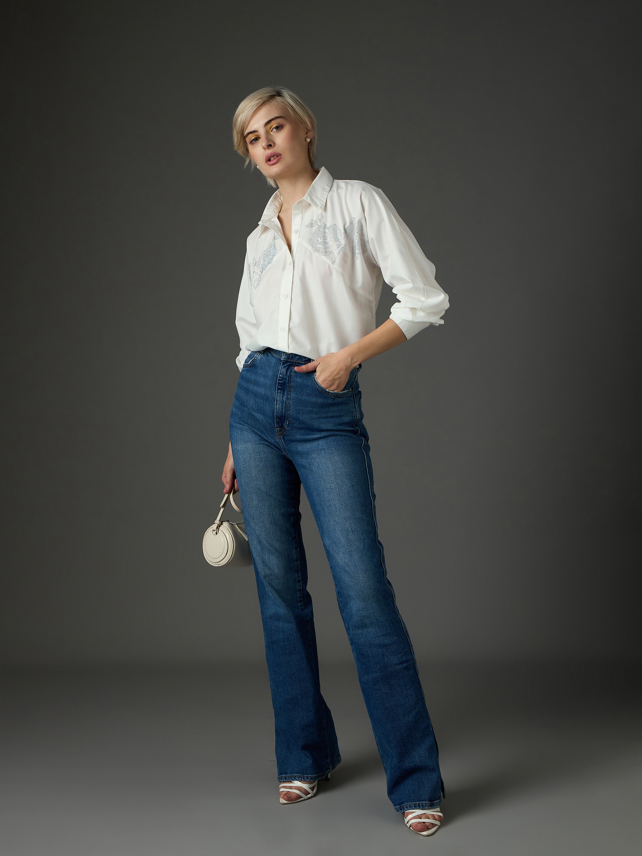 Women White Shoulder Patch Regular Shirt-SFSHRT20719