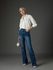 Women White Shoulder Patch Regular Shirt-SFSHRT20719