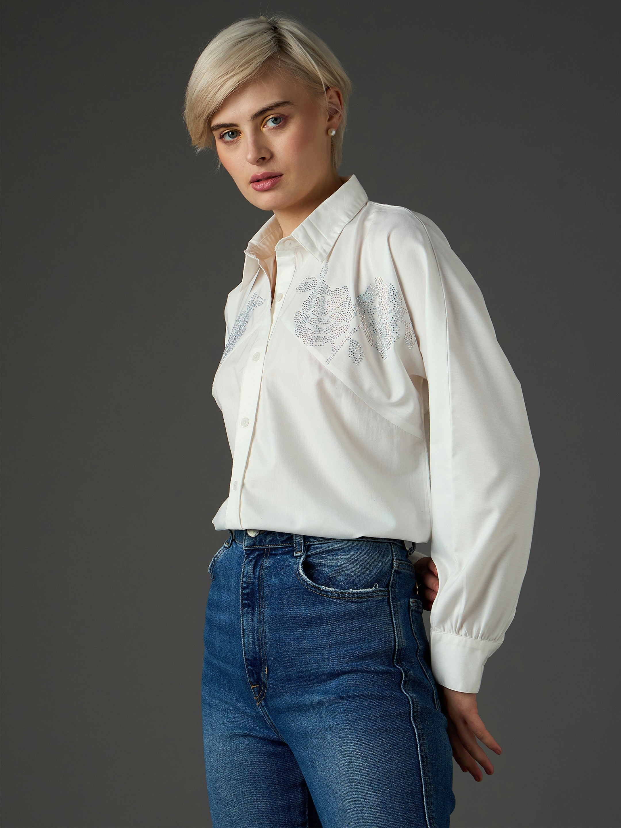 Women White Shoulder Patch Regular Shirt-SFSHRT20719