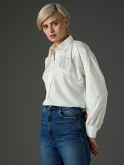 Women White Shoulder Patch Regular Shirt-SFSHRT20719