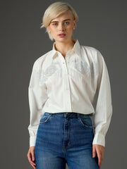 Women White Shoulder Patch Regular Shirt-SFSHRT20719