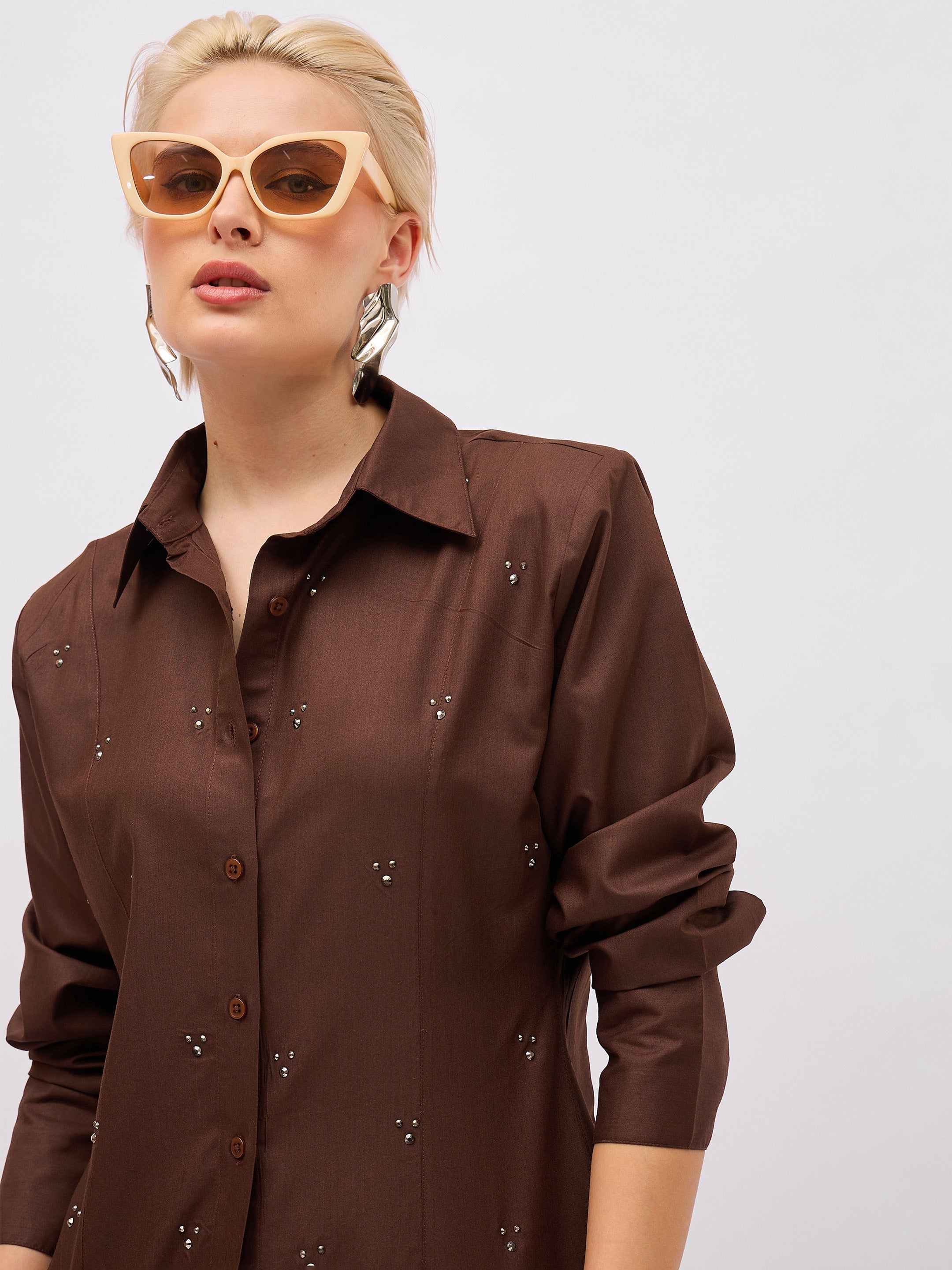 Women Coffee Brown Front Studded Slim Fit Shirt-SFSHRT20720