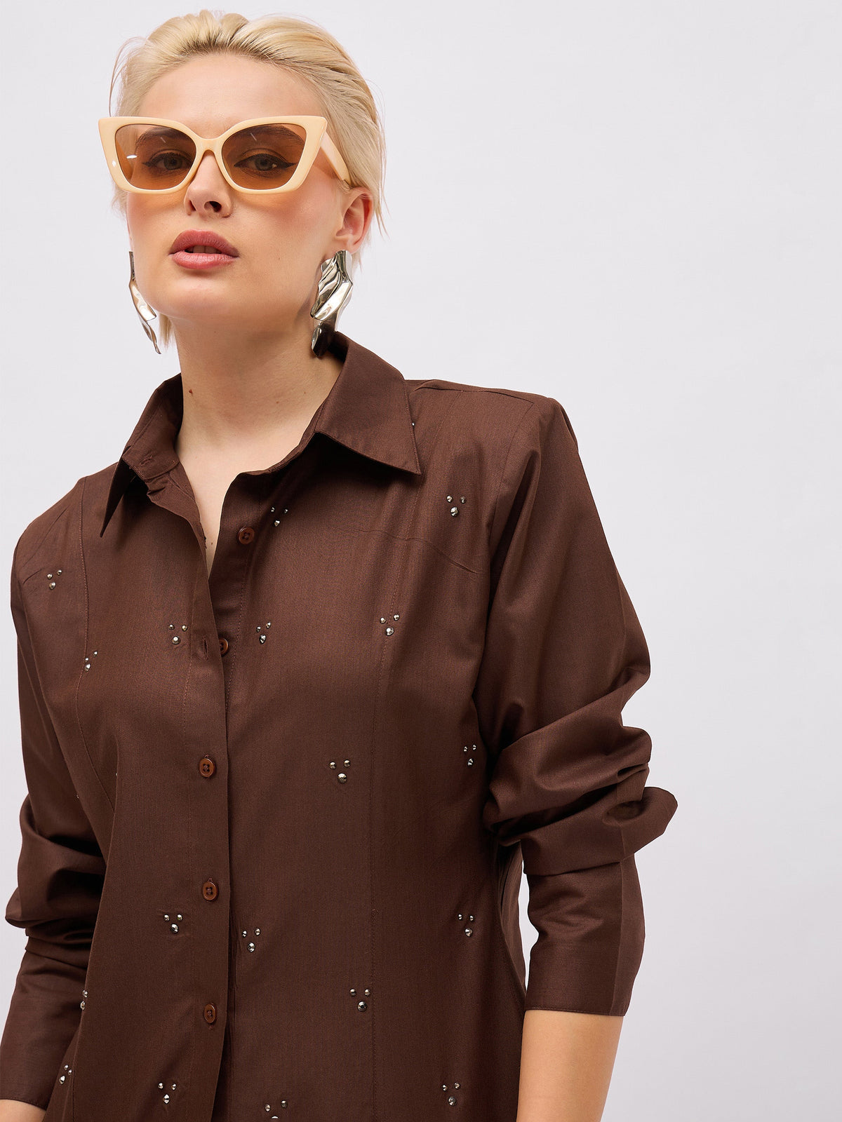 Women Coffee Brown Front Studded Slim Fit Shirt-SFSHRT20720