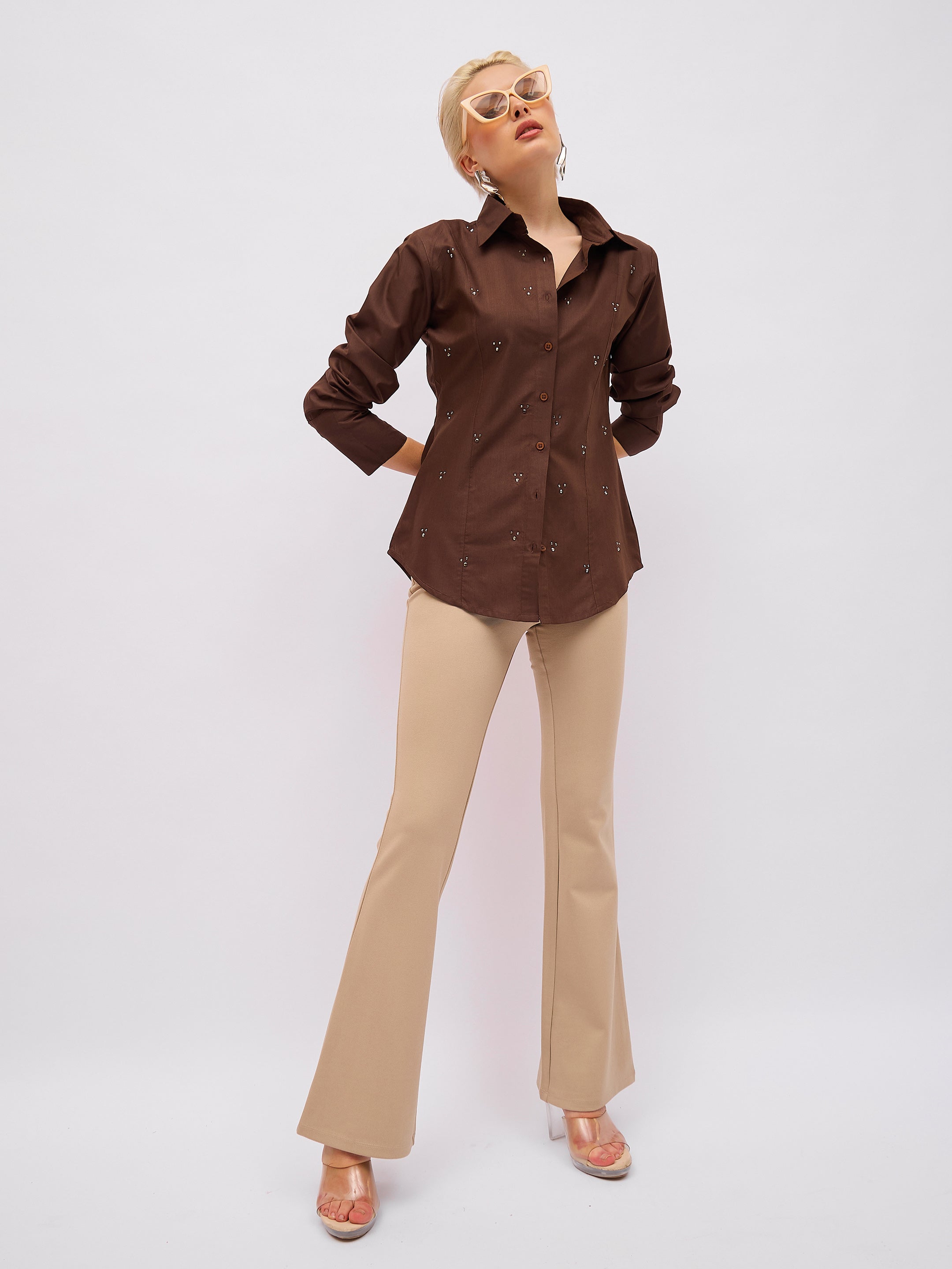 Women Coffee Brown Front Studded Slim Fit Shirt-SFSHRT20720