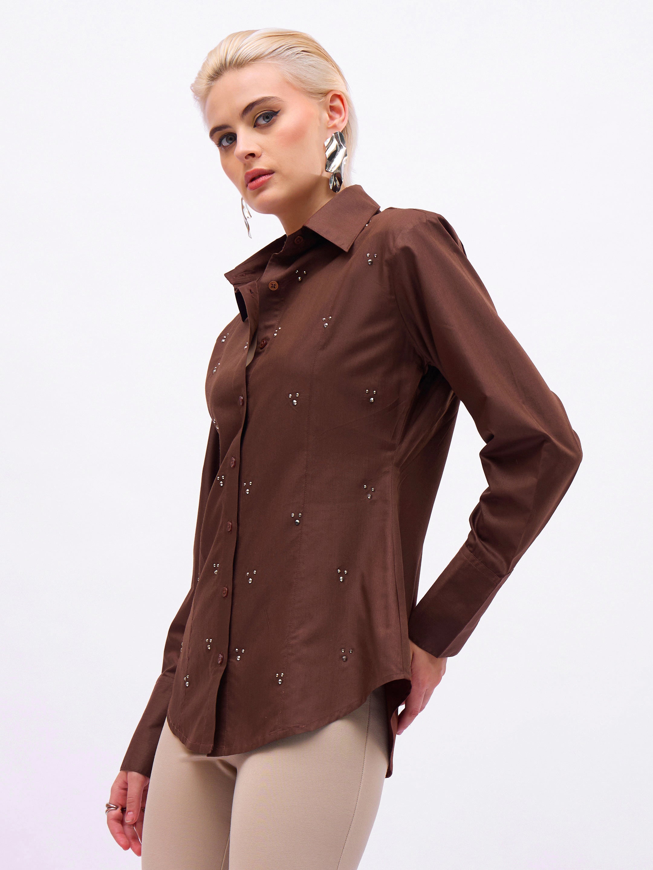 Women Coffee Brown Front Studded Slim Fit Shirt-SFSHRT20720