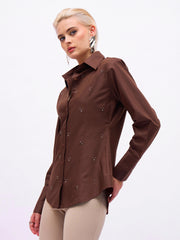 Women Coffee Brown Front Studded Slim Fit Shirt-SFSHRT20720