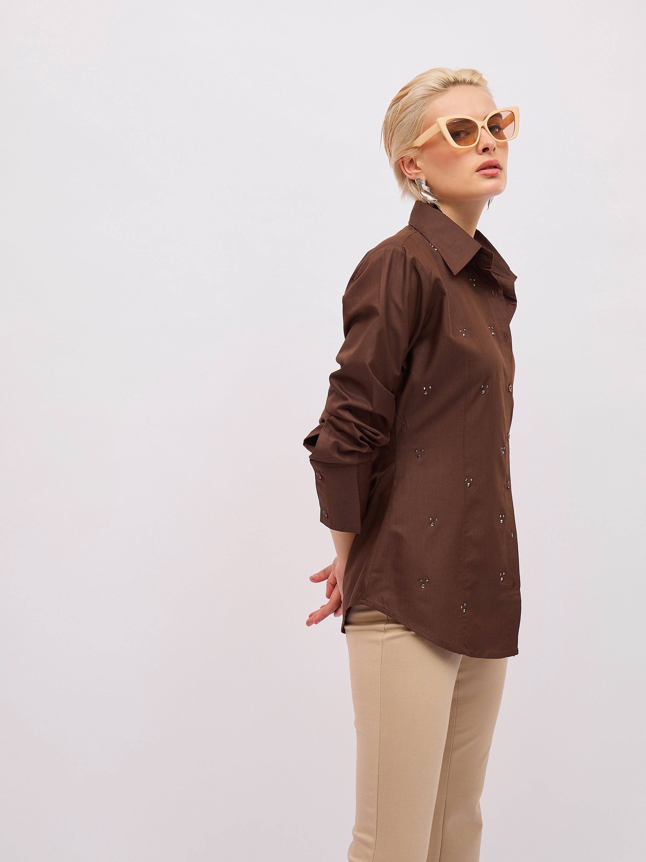Women Coffee Brown Front Studded Slim Fit Shirt-SFSHRT20720