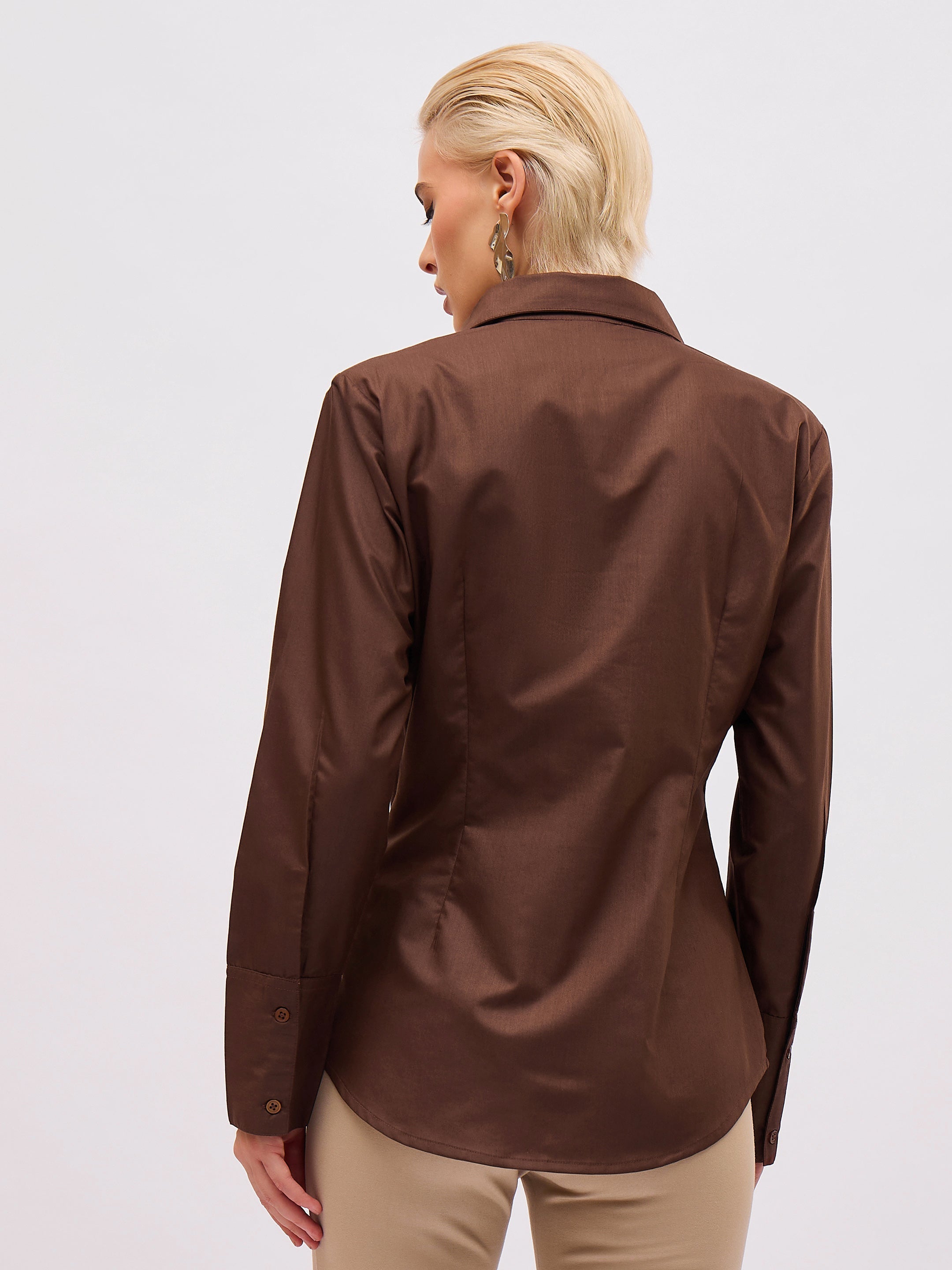 Women Coffee Brown Front Studded Slim Fit Shirt-SFSHRT20720