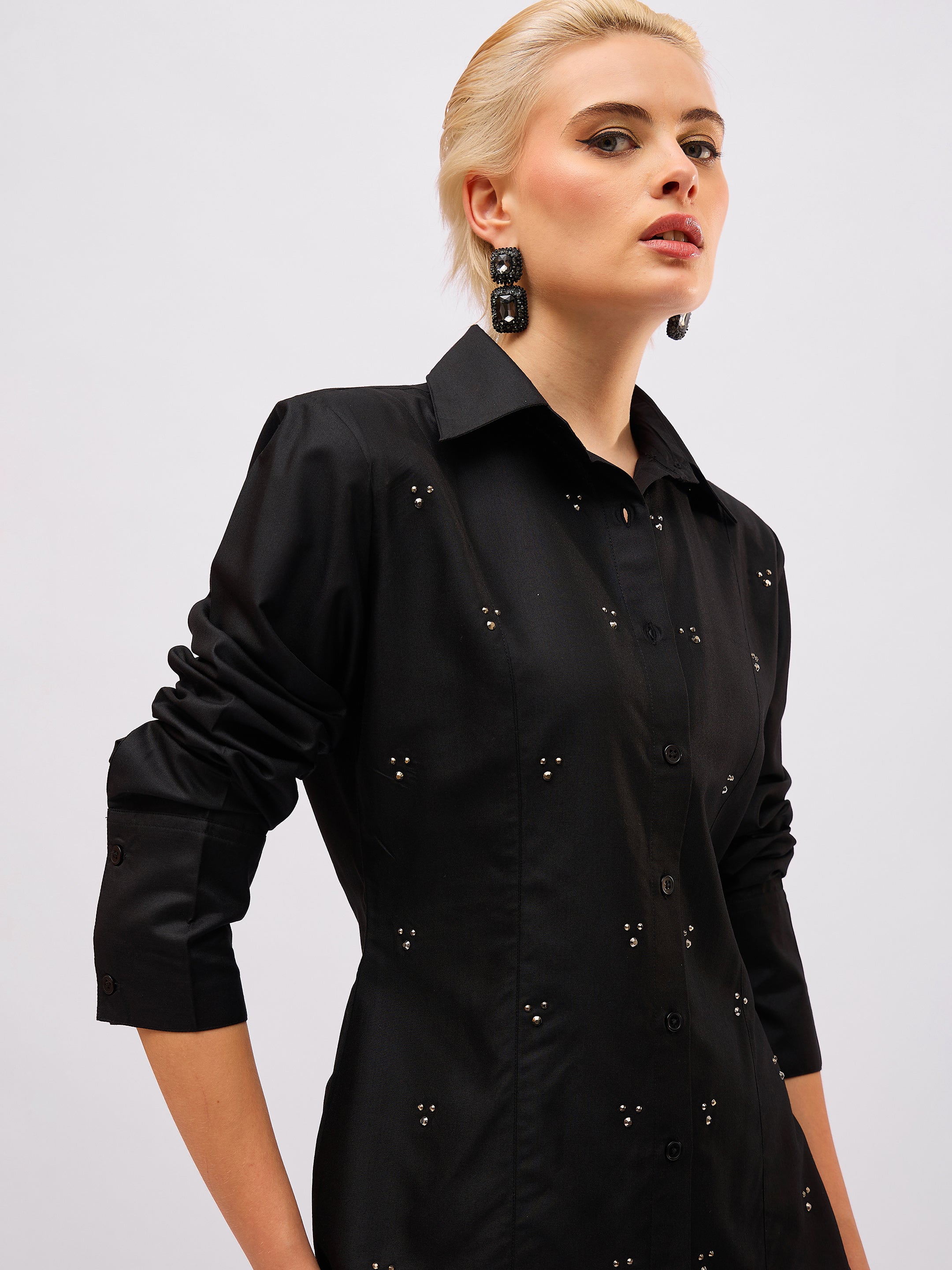 Women Black Front Studded Slim Fit Shirt-SFSHRT20721