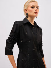 Women Black Front Studded Slim Fit Shirt-SFSHRT20721