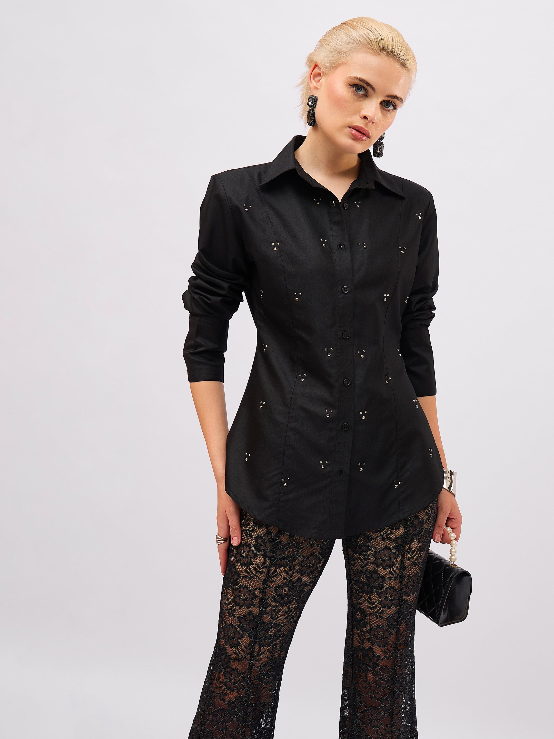 Women Black Front Studded Slim Fit Shirt-SFSHRT20721