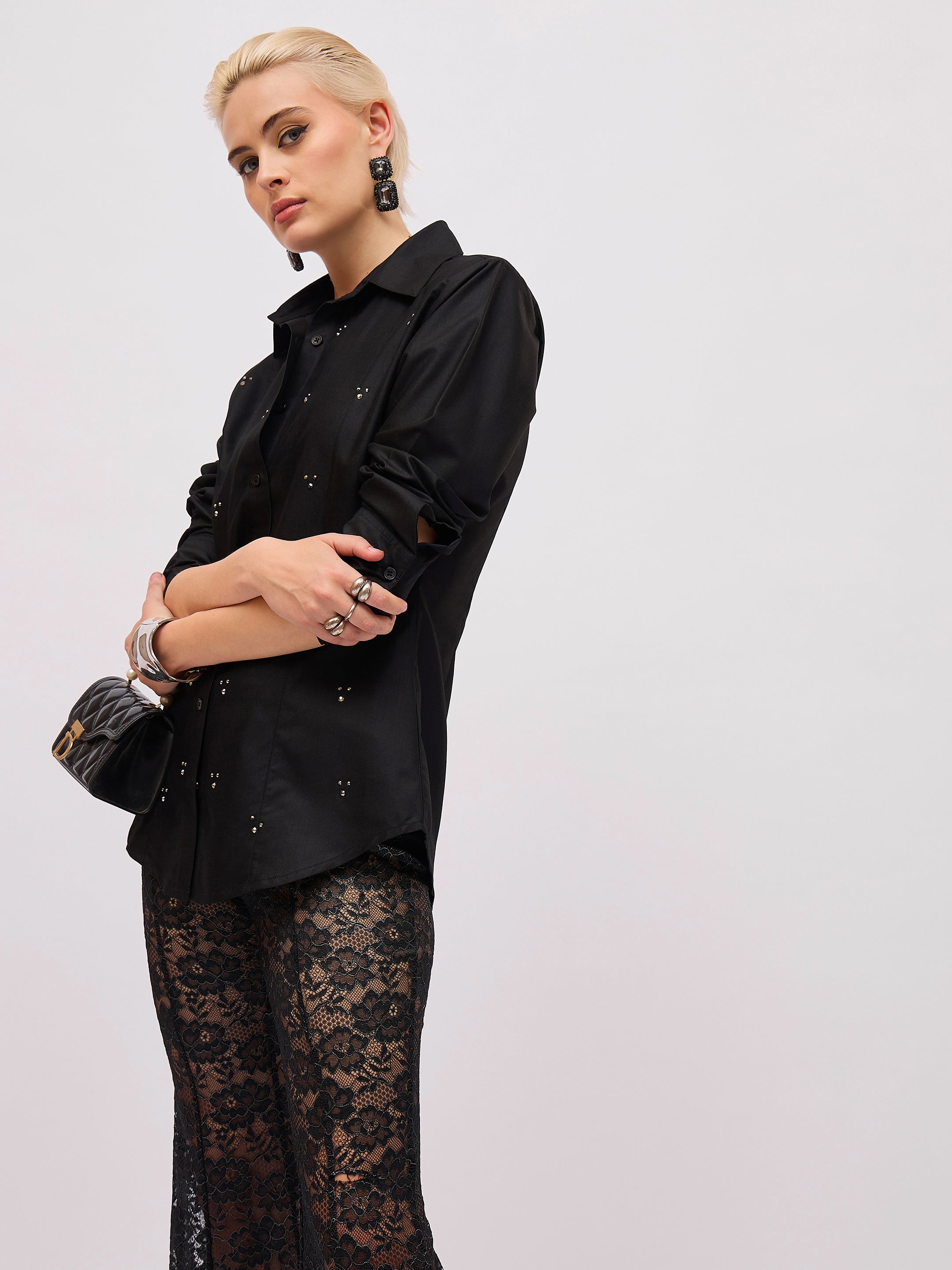 Women Black Front Studded Slim Fit Shirt-SFSHRT20721