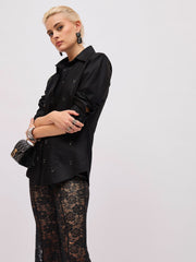Women Black Front Studded Slim Fit Shirt-SFSHRT20721