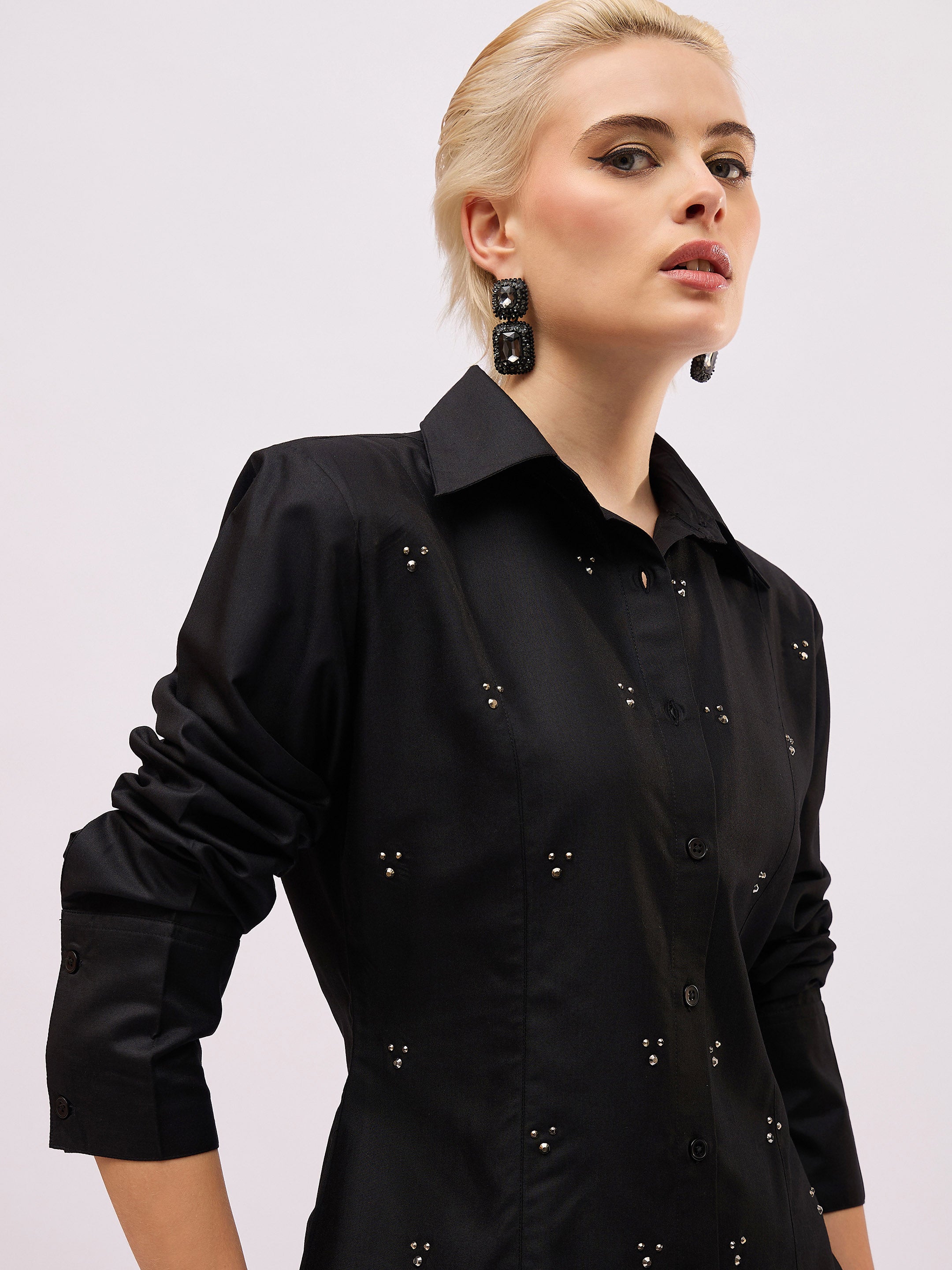 Women Black Front Studded Slim Fit Shirt-SFSHRT20721