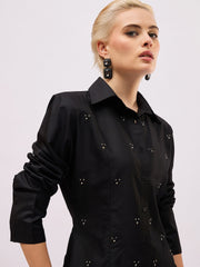 Women Black Front Studded Slim Fit Shirt-SFSHRT20721
