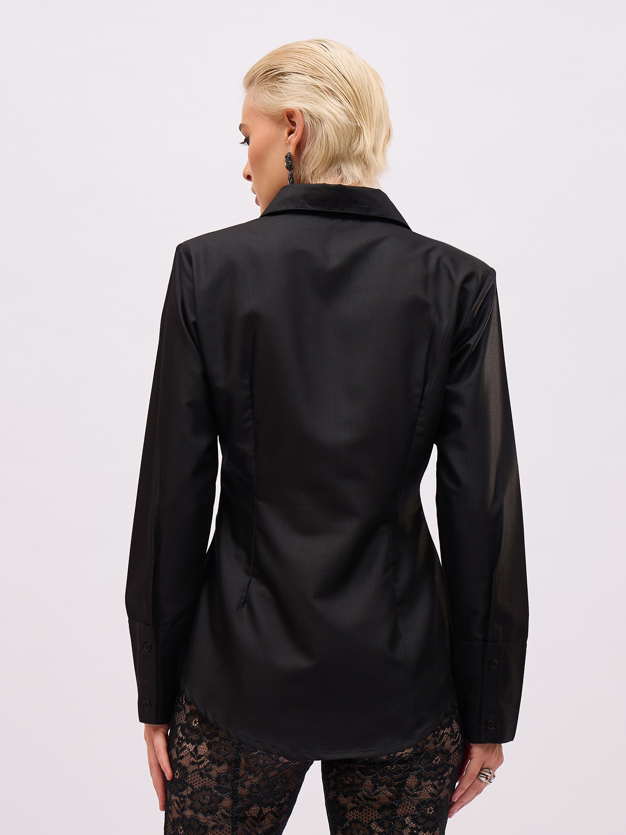 Women Black Front Studded Slim Fit Shirt-SFSHRT20721