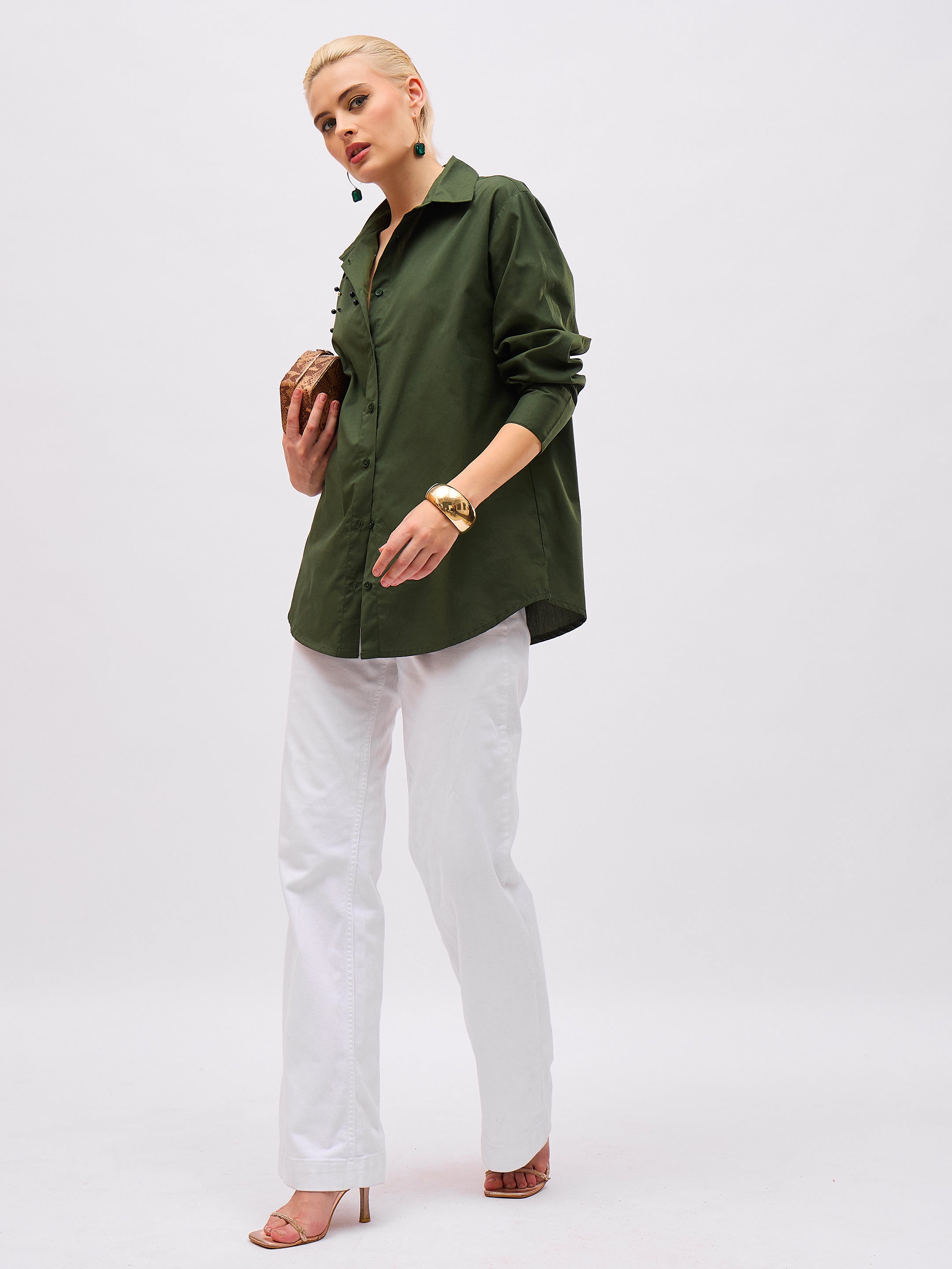 Women Olive Pearl Studded Regular Shirt-SFSHRT20722