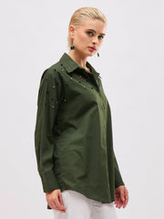 Women Olive Pearl Studded Regular Shirt-SFSHRT20722