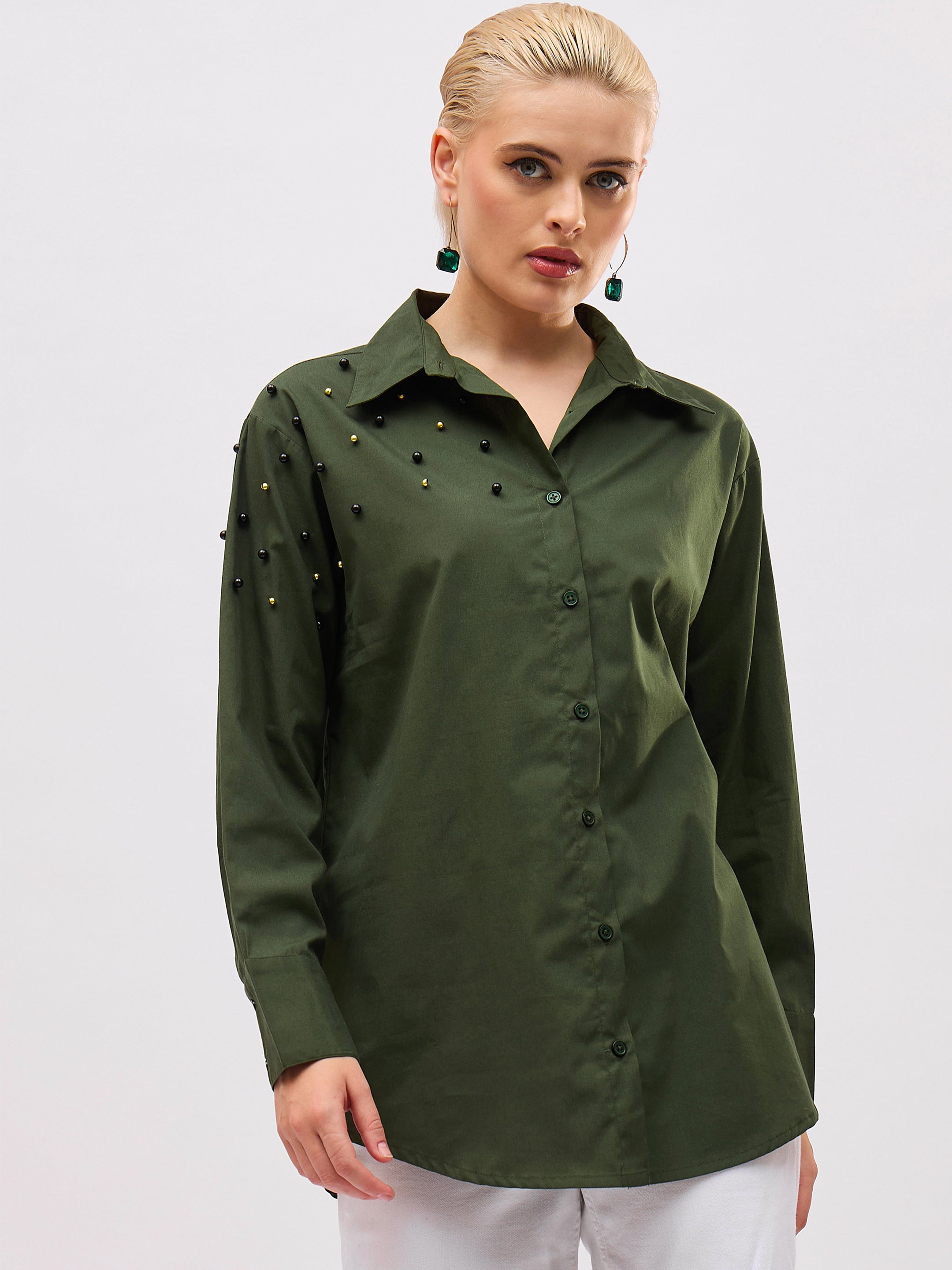 Women Olive Pearl Studded Regular Shirt-SFSHRT20722