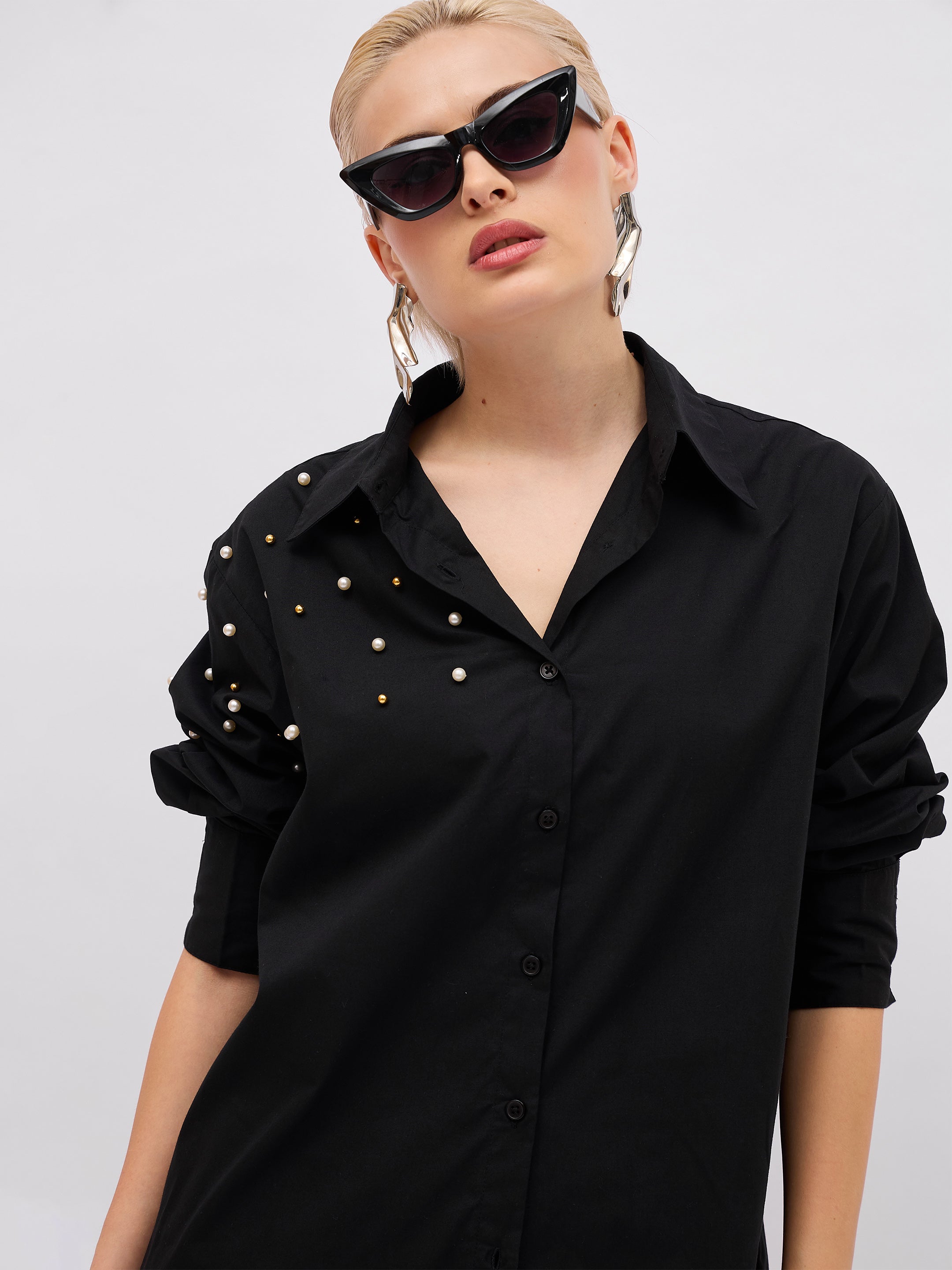 Women Black Pearl Studded Regular Shirt-SFSHRT20723
