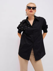 Women Black Pearl Studded Regular Shirt-SFSHRT20723